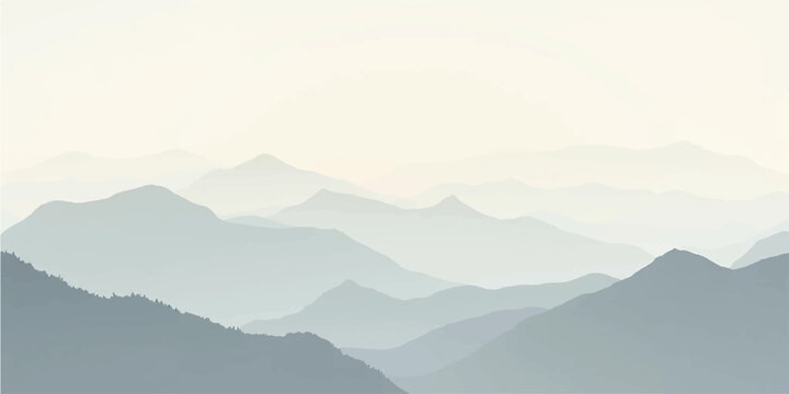 Cream and gray mountains layered under soft mist and pale daylight haze