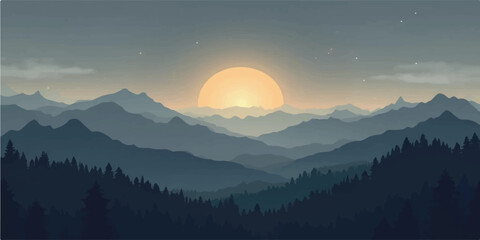 Subtle mountain haze with soft sunrise glow over light blue ridgelines