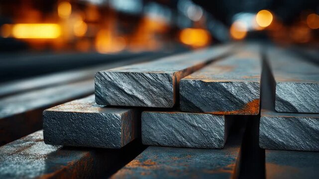Close-up of rough textured steel billets stacked in rows, realistic style, industrial warehouse with glowing lights, concept of metallurgy