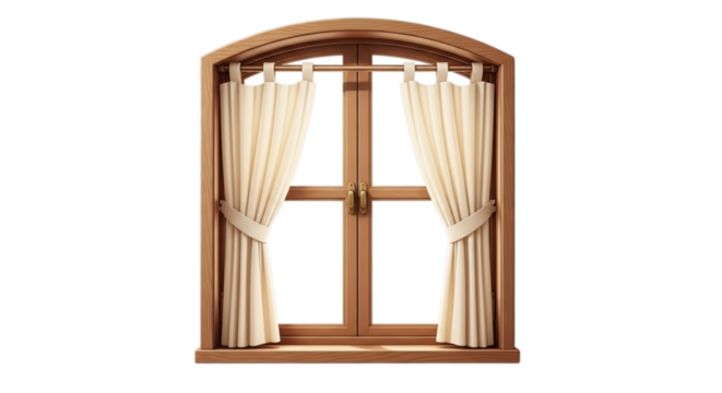 Window frame with curtains closed interior design home decor arch top window treatment wooden frame style on transparent background