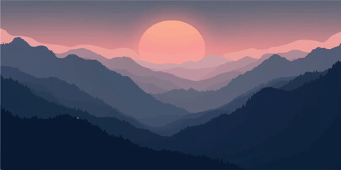 Sunrise and sunset over misty mountain landscape with forest hills and glowing sky