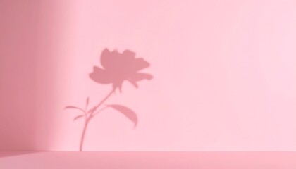 Elegant shadow silhouette of a blooming rose on a pastel pink wall. Minimalist aesthetic with soft, natural light for a gentle mood.