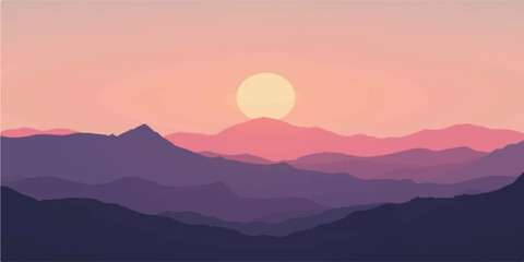 Sunrise and sunset over misty mountain landscape with hills forest and glowing sky