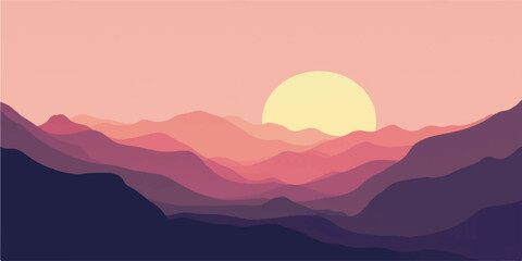 Golden sunrise and sunset over a misty mountain landscape with a blue sky and silhouetted forest