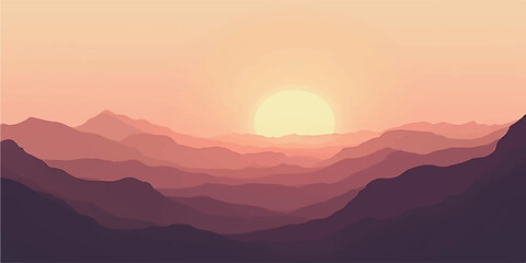 Sunrise and sunset over mountain landscape with misty hills and glowing sky