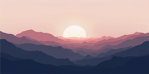 Sunrise over misty mountain landscape with blue sky and forest hills