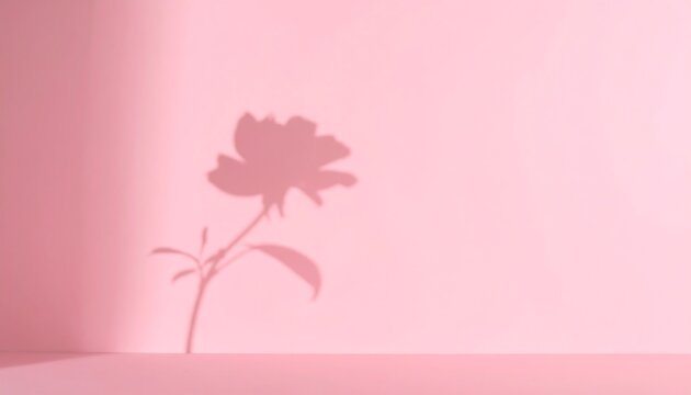Fototapeta Elegant shadow silhouette of a blooming rose on a pastel pink wall. Minimalist aesthetic with soft, natural light for a gentle mood.