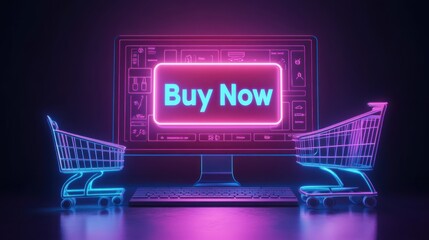 Neon Shopping Experience with Buy Now Button and Shopping Carts on Digital Desktop Computer Screen