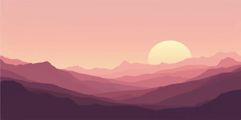 Peaceful sunrise mountain landscape with golden sun over soft orange misty layered hills