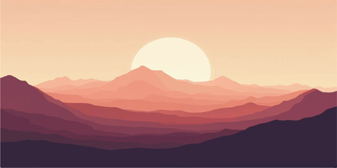 Serene mountain landscape with glowing sun setting behind layered pink and purple peaks