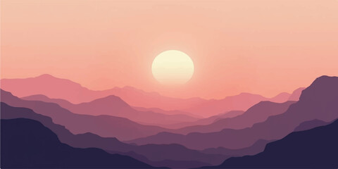 Minimalist sunset mountain landscape with soft pink sky layers and serene glowing sun view
