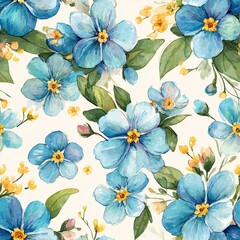 Beautiful Watercolor Floral Pattern Featuring Blue Flowers and Green Leaves in Seamless Design