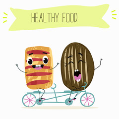 Baked food funny characters, hand drawn vector illustration.