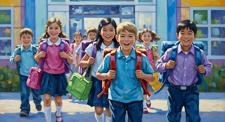 Fototapeta premium Back to school group of elementary school children walking with backpacks in front of school building with windows