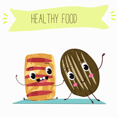 Baked food funny characters, hand drawn vector illustration.
