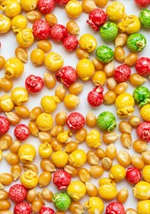 Colorful Candies Mixed with Red Yellow Green and Orange Sweets on White Background