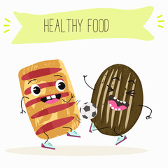 Baked food funny characters, hand drawn vector illustration.