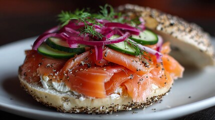 Delicious everything bagel with cream cheese, lox, cucumber, and red onion topping