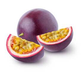 Whole passion fruit (maracuya) and two pieces isolated on white background