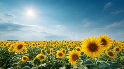 Dreamy field of sunflowers under bright daylight blue skies and soft clouds cheerful natural background ideal for positivity campaigns farming visuals and eco branding © Hasnain