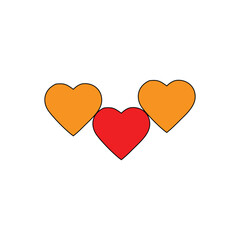 Three hearts one red two orange with black outlines