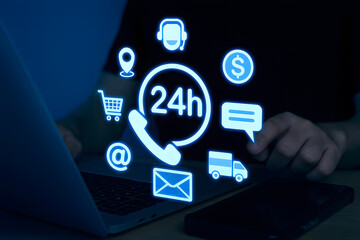 Naklejka premium 24/7 Customer Support and Service Availability Concept for Online Assistance and Communication