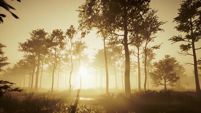 Forest Sunlight Breaks Through Trees Casting Golden Rays In a Beautiful Nature Landscape With Dense Woods In Warm Tones