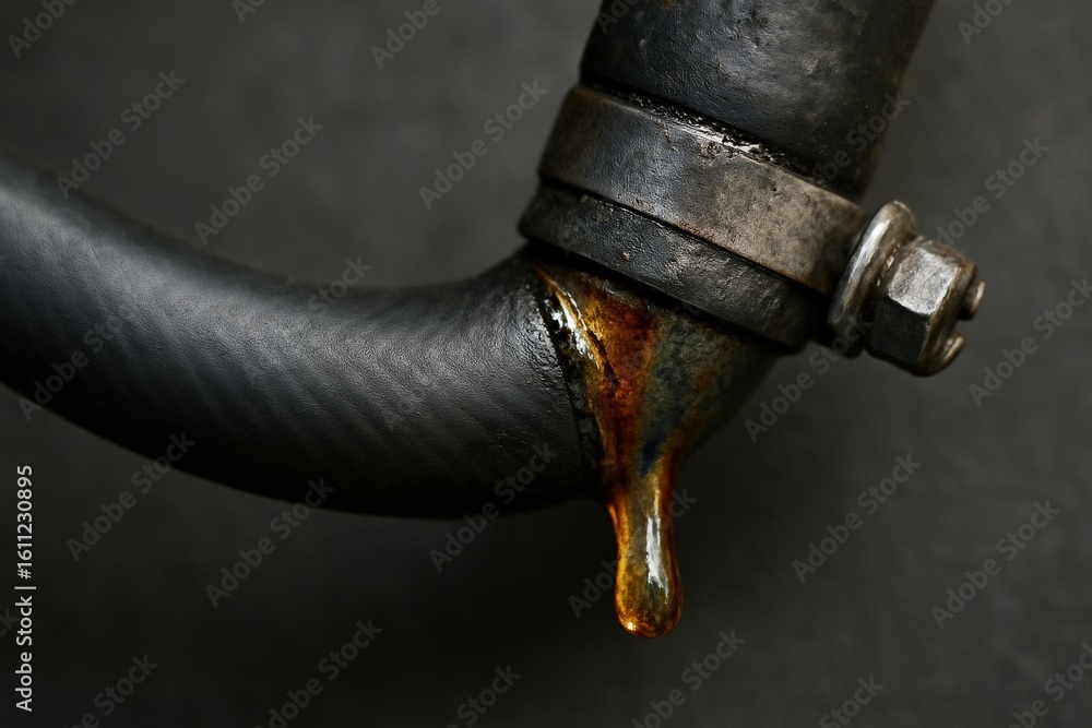 Aufkleber diesel rig spill concept. leaking pipe with rust and a drop of fluid hanging from it.