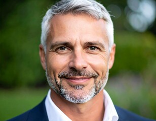 Portrait of a successful and attractive mature man with a salt and pepper beard looking directly at the viewer with a friendly smile