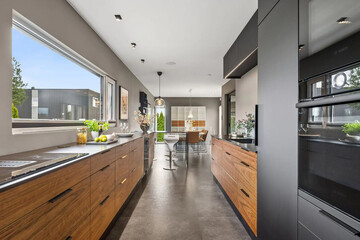 Modern luxury kitchen interior in minimal scandinavian style, 3d render