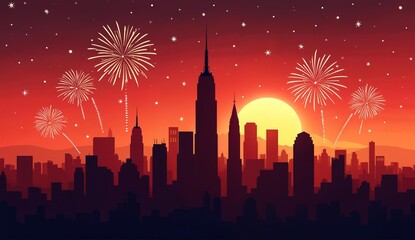 Cityscape at Sunset with Fireworks Display