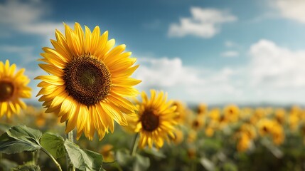 Fototapeta premium Dreamy field of sunflowers under bright daylight blue skies and soft clouds cheerful natural background ideal for positivity campaigns farming visuals and eco branding