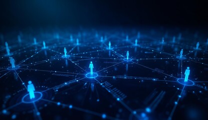 Obraz premium Network of interconnected nodes with human figures, symbolizing digital connectivity and communication.
