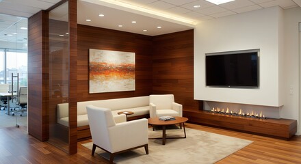 Modern Office Lounge Area with White Sofas and Wall-mounted Television