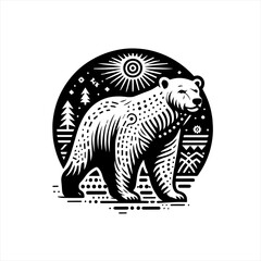 Fototapeta premium Stylized Black and White Bear with Sun and Trees.