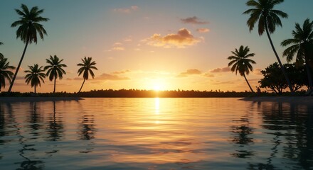 Obraz premium Serene Tropical Beach Sunset with Palm Trees and Calm Water