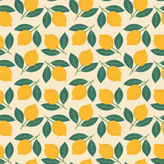 Mediterranean lemon fruits and leaves seamless pattern. Yellow green coloured summer italian citrus branches background design. EPS 10 vector wallpaper.