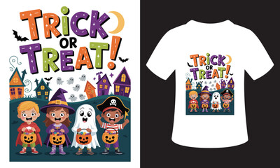 Cute halloween trick or treat characters and design for t shirt