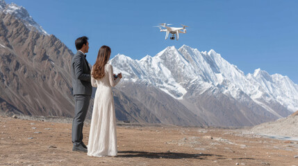 drone captures essence of cinematic wedding amidst majestic mountains highlighting couples enchanting first dance