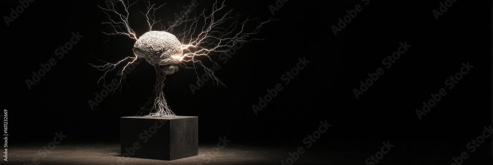 Poster lightning strikes brain sculpture on dark pedestal in empty space