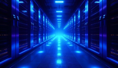 Blue-lit corridor of server racks in a data center