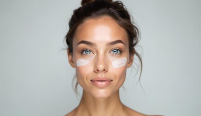 A person with under-eye patches, showcasing a skincare routine against a neutral background.