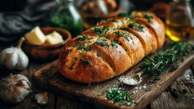 Crusty garlic herb bread loaf with fresh parsley on a rustic wood board, surrounded by garlic, butter, salt, and herbs, cozy kitchen concept
