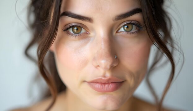 Close-up portrait of a woman with natural makeup and a nose piercing