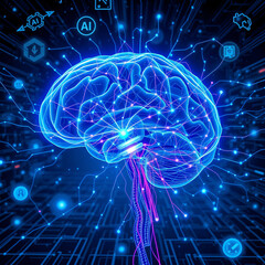 Glowing silhouette of a human brain, futuristic artificial intelligence background