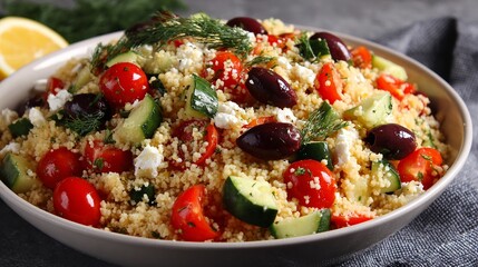 Mediterranean Couscous Salad with Tomatoes, Cucumber, Olives and Feta Cheese