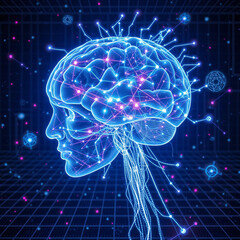 Futuristic digital brain with neon connections, AI and cognitive science concept