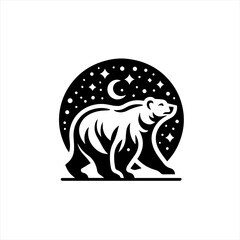 Stylized Black Bear Under Crescent Moon and Stars.