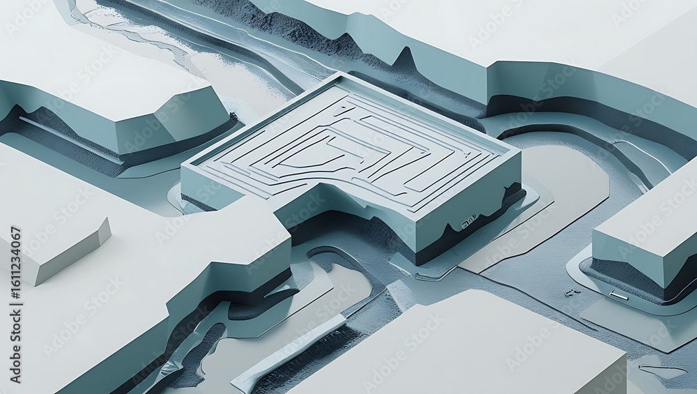 Poster abstract geometric landscape with a central square platform featuring intricate line patterns, surro