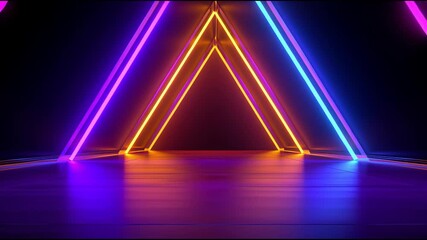 AI-generated neon triangle and glowing lines on a dark background forming a geometric pattern - Powered by Adobe